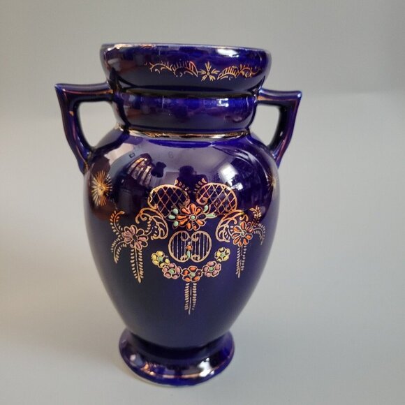 Vintage Kutani 6.5" Cobalt Blue Vase - Japan.  Hand Painted Flowers Two Handled - Picture 1 of 5